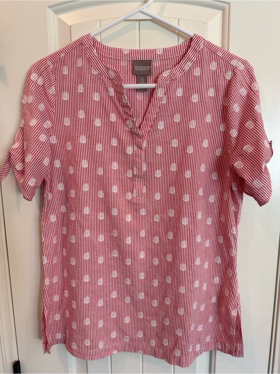 Chico's Tops - Chico's Red White Striped Polka Dot Popover Blouse Side Tie Short Sleeve Size 0